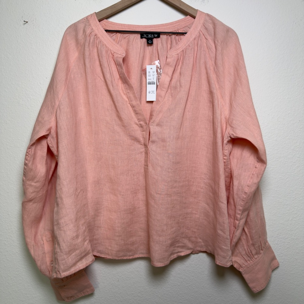 NEW J. Crew Women Cabana 100%  Linen Top XL Pink Split Neck Long Sleeve C1542